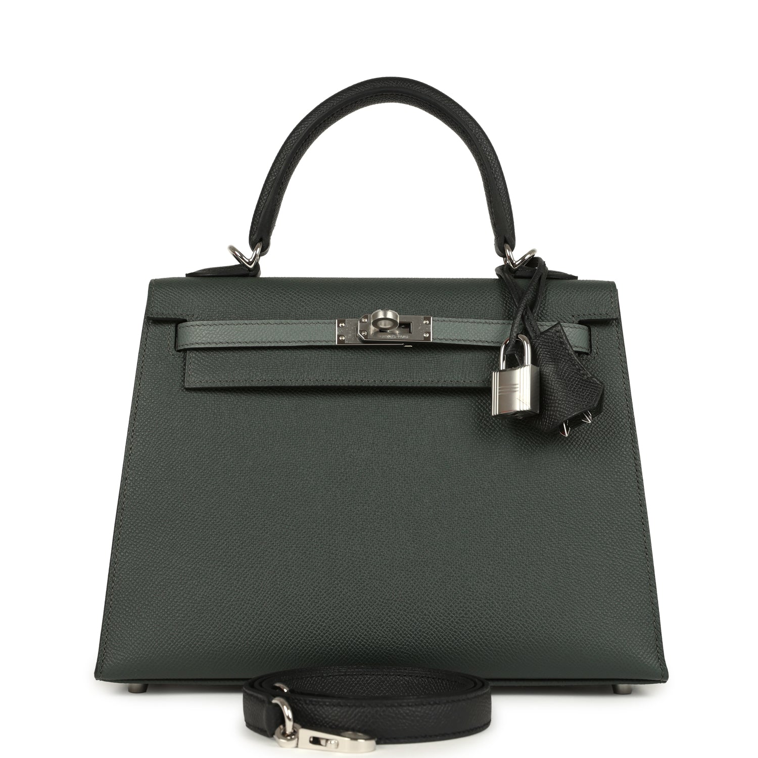 Kelly Sellier 25 Tri-Color Black, Vert Amande and Vert Mangrove Epsom Palladium Hardware Bag