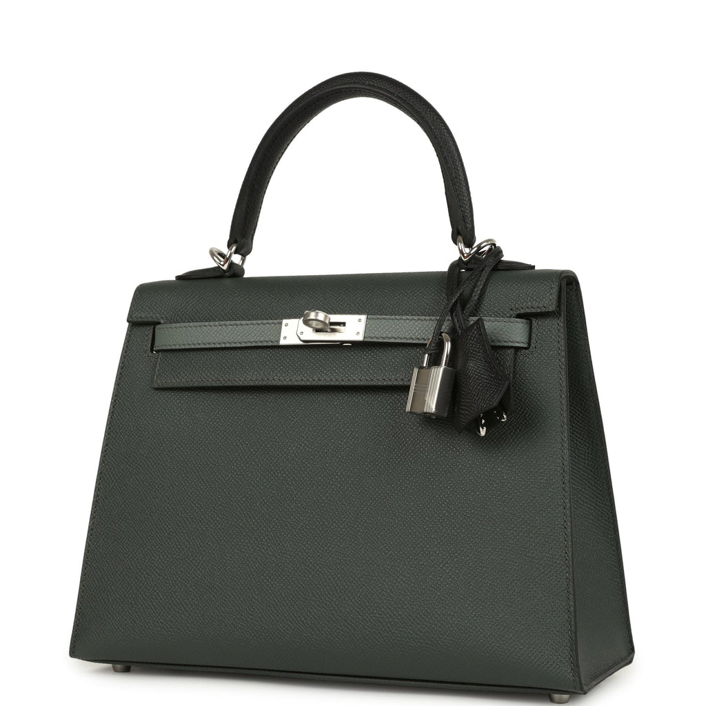 Kelly Sellier 25 Tri-Color Black, Vert Amande and Vert Mangrove Epsom Palladium Hardware Bag
