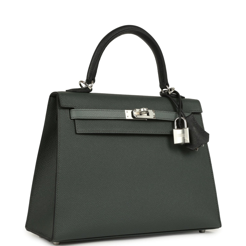 Kelly Sellier 25 Tri-Color Black, Vert Amande and Vert Mangrove Epsom Palladium Hardware Bag