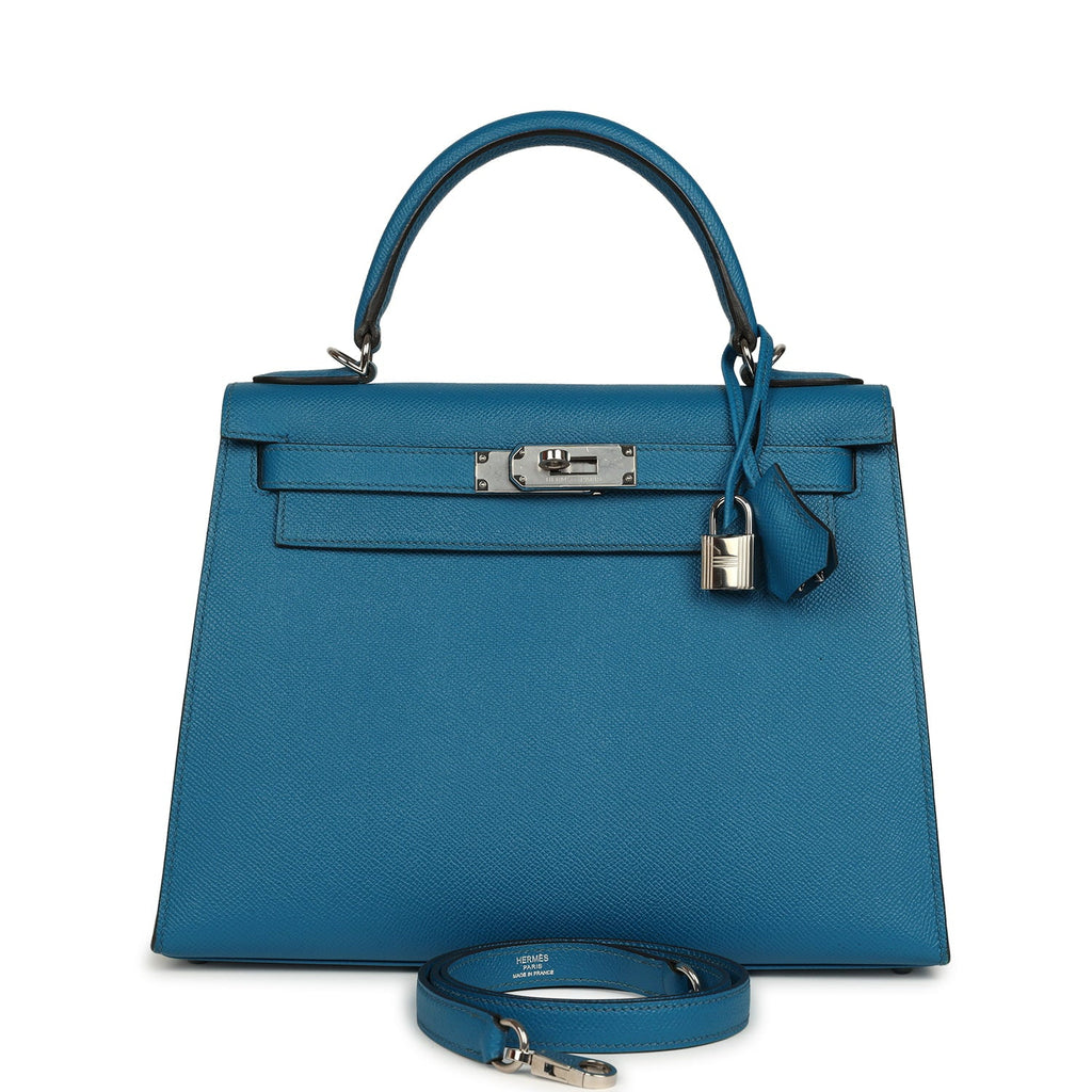 Kelly Sellier 28 Bleu Izmir Epsom Palladium Hardware Bag