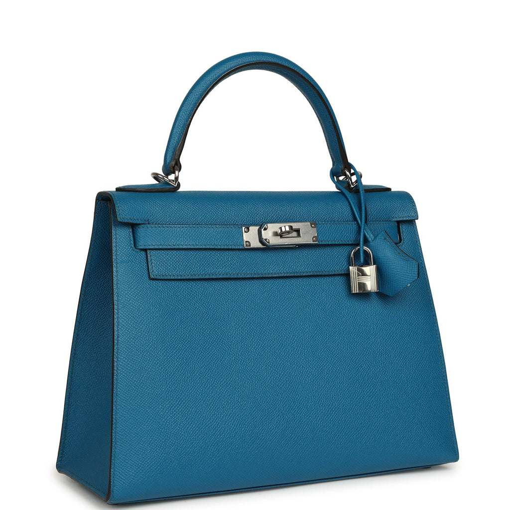 Kelly Sellier 28 Bleu Izmir Epsom Palladium Hardware Bag