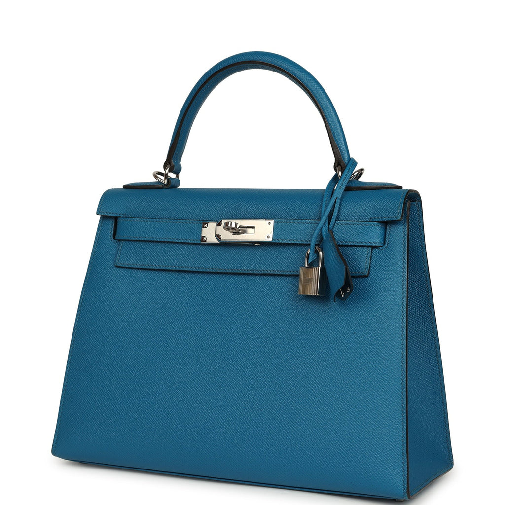 Kelly Sellier 28 Bleu Izmir Epsom Palladium Hardware Bag