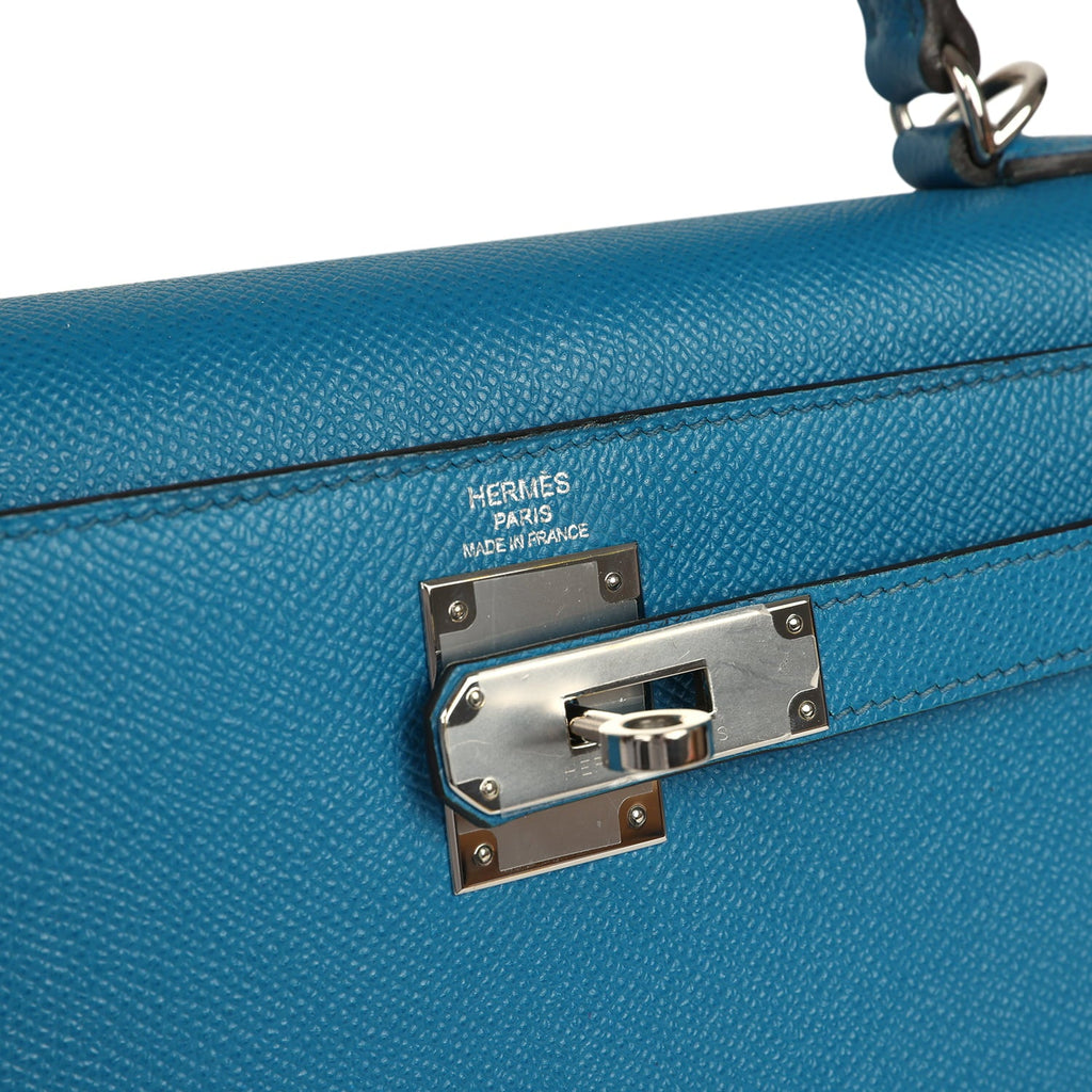 Kelly Sellier 28 Bleu Izmir Epsom Palladium Hardware Bag
