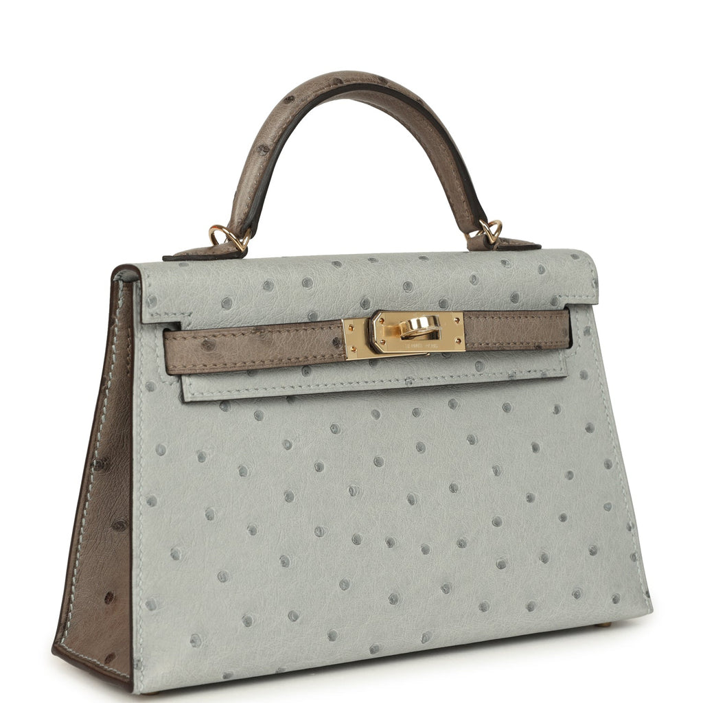 Kelly Sellier 20 Bleu Glacier and Gris Tourterelle Ostrich Bag