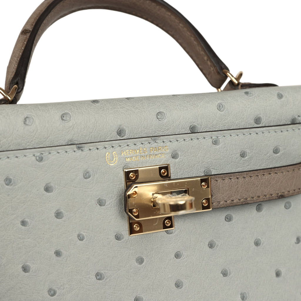 Kelly Sellier 20 Bleu Glacier and Gris Tourterelle Ostrich Bag