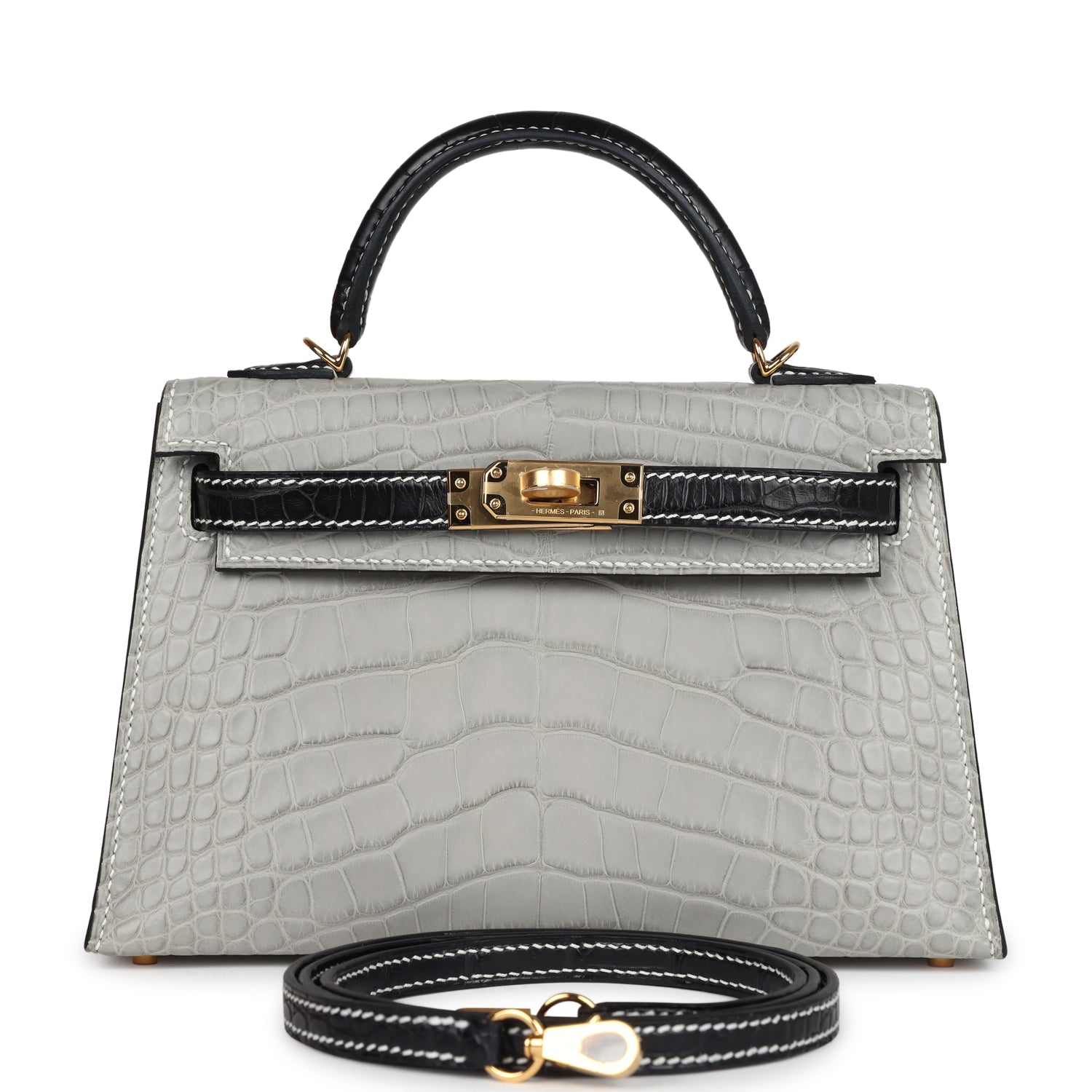 Kelly Sellier 20 Gris Perle and Black Matte Alligator Bag