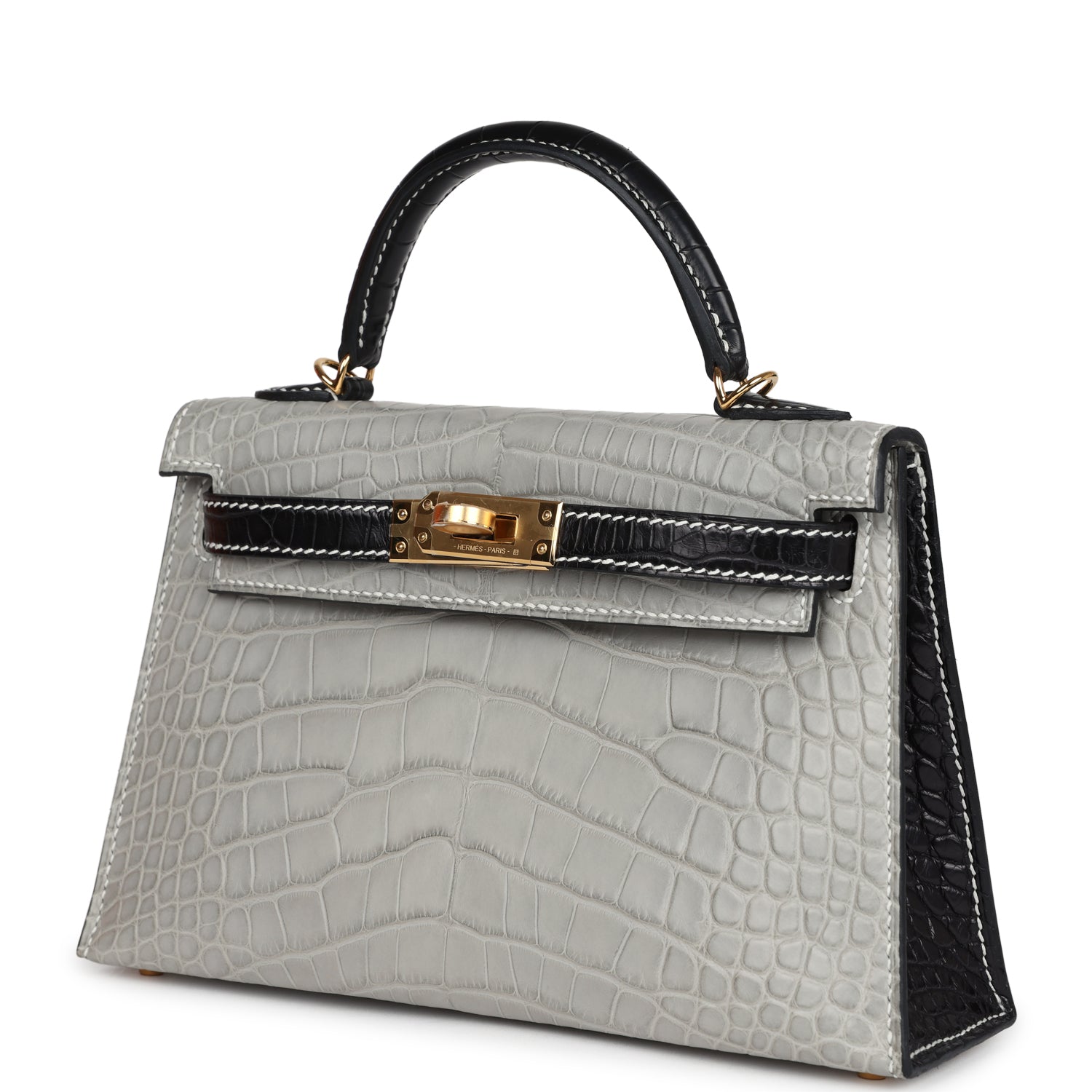 Kelly Sellier 20 Gris Perle and Black Matte Alligator Bag