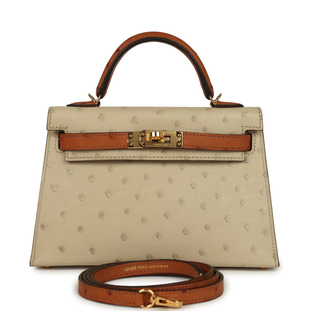 Kelly Sellier 20 Parchemin and Cognac Ostrich Bag