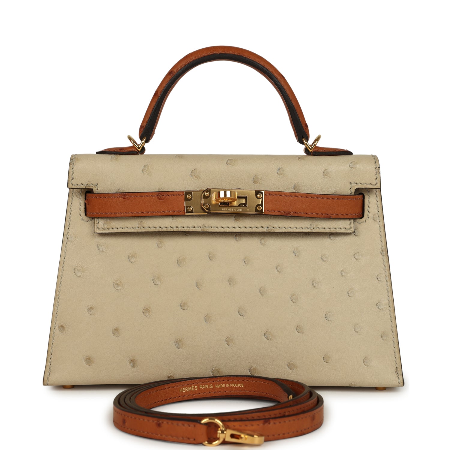Kelly Sellier 20 Parchemin and Cognac Ostrich Bag