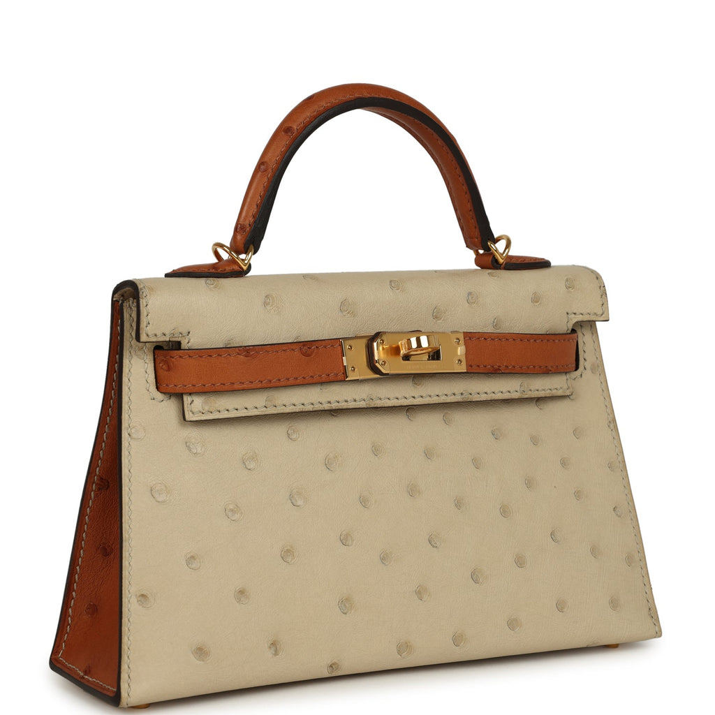 Kelly Sellier 20 Parchemin and Cognac Ostrich Bag