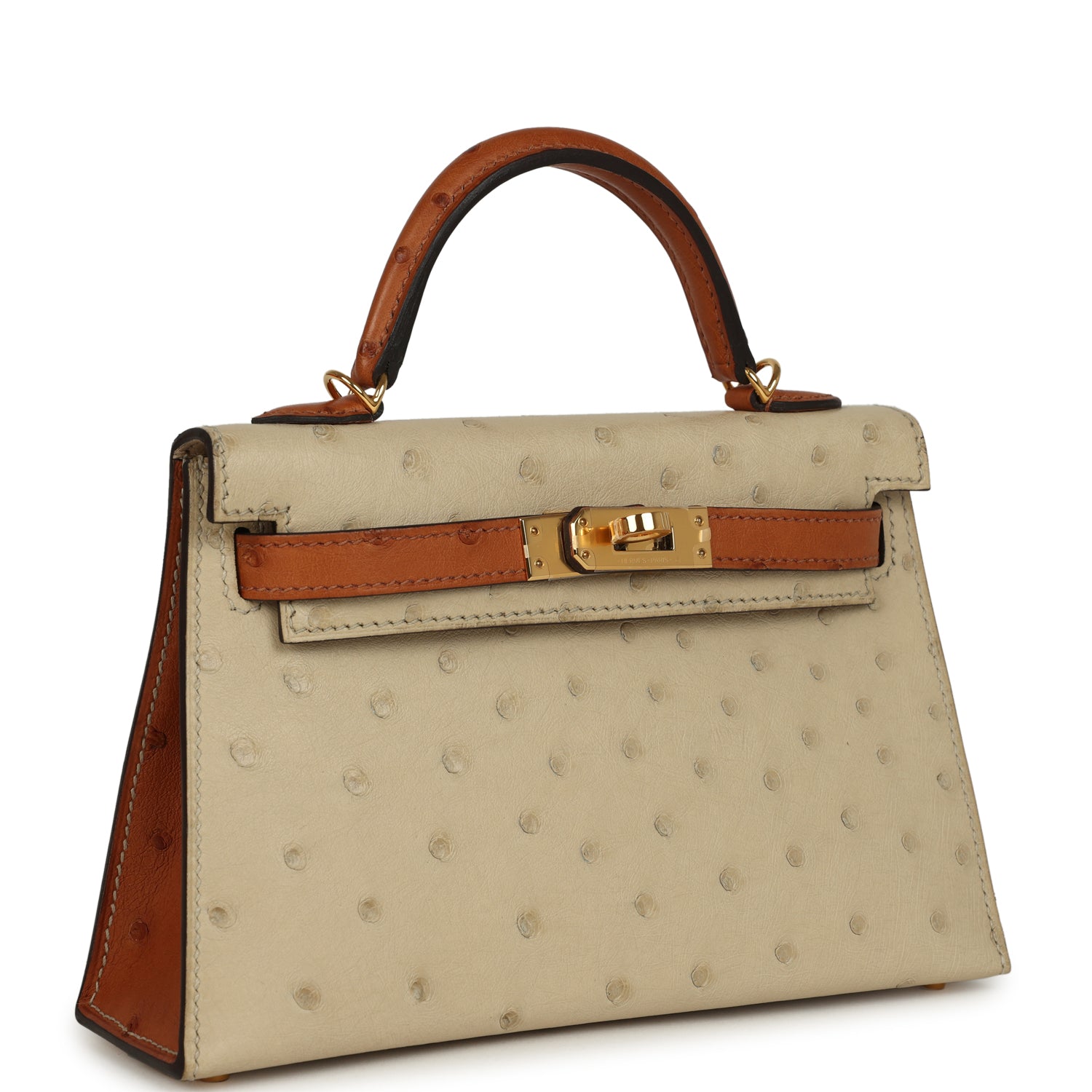 Kelly Sellier 20 Parchemin and Cognac Ostrich Bag