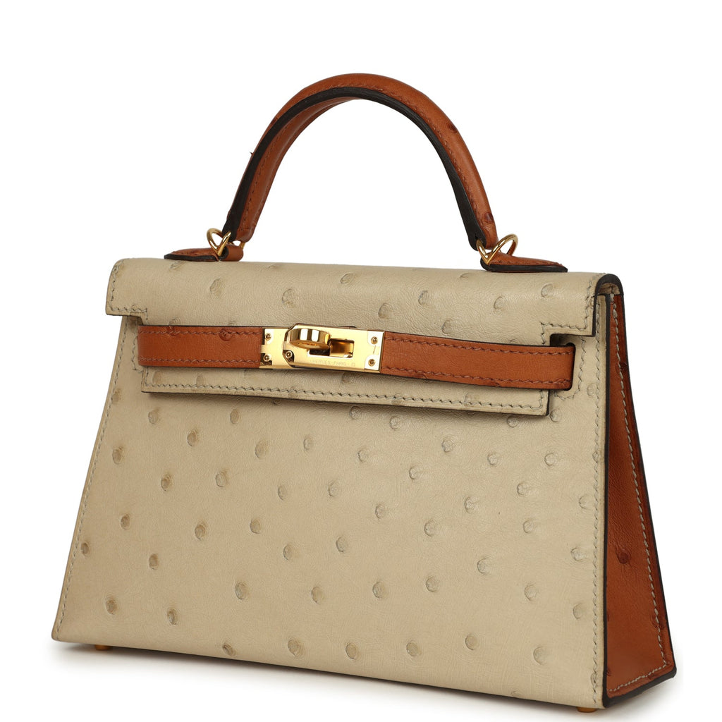 Kelly Sellier 20 Parchemin and Cognac Ostrich Bag