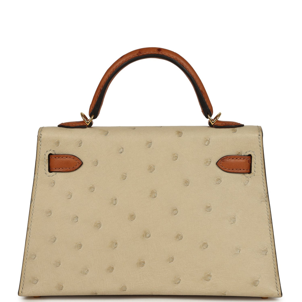 Kelly Sellier 20 Parchemin and Cognac Ostrich Bag