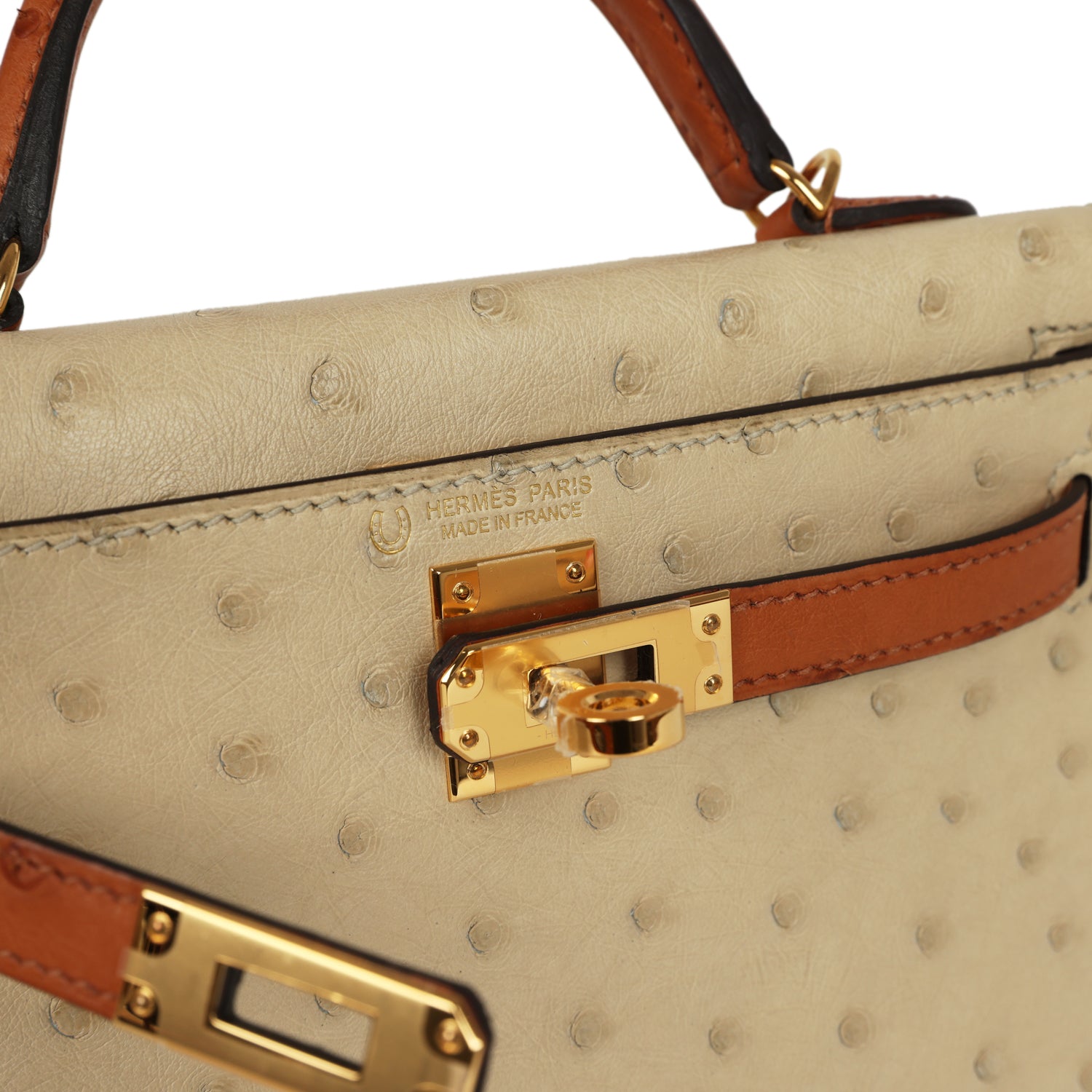 Kelly Sellier 20 Parchemin and Cognac Ostrich Bag