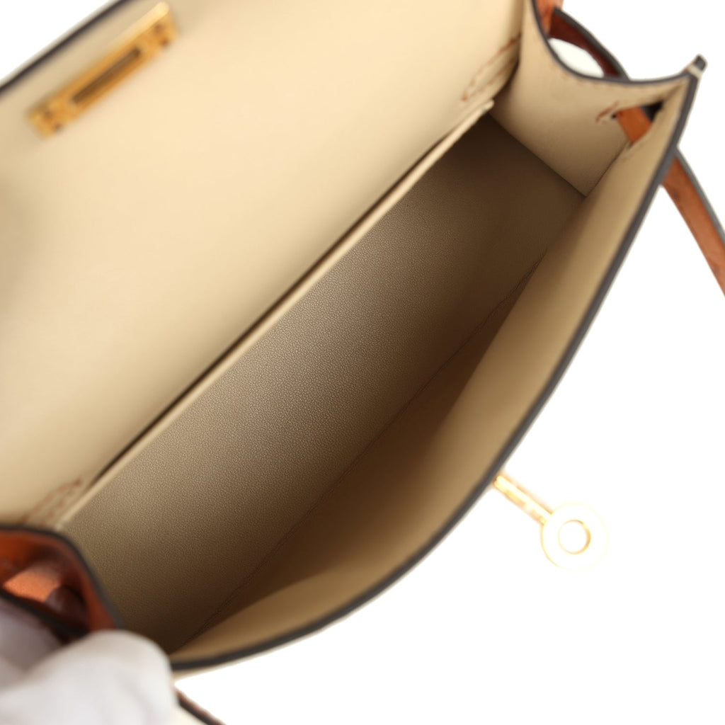 Kelly Sellier 20 Parchemin and Cognac Ostrich Bag