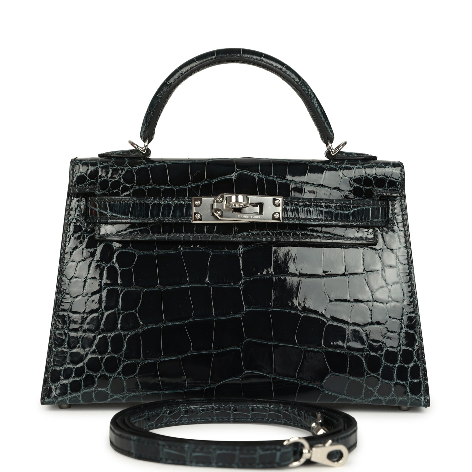 Kelly Sellier 20 Vert Rousseau Verso Shiny Alligator Mississippiensis Bag