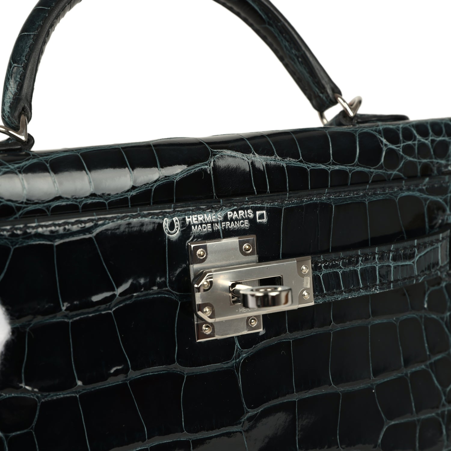 Kelly Sellier 20 Vert Rousseau Verso Shiny Alligator Mississippiensis Bag