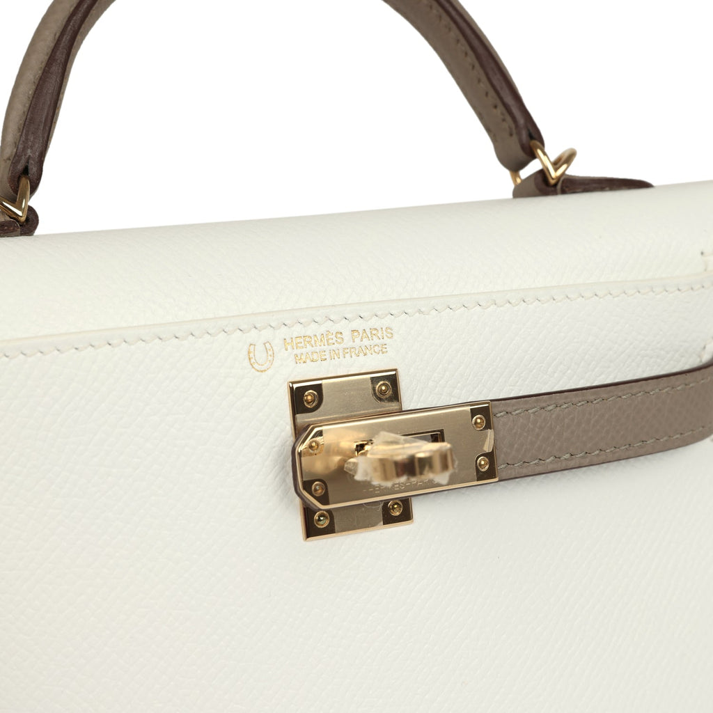 Kelly Sellier 20 White and Gris Asphalt Epsom Bag