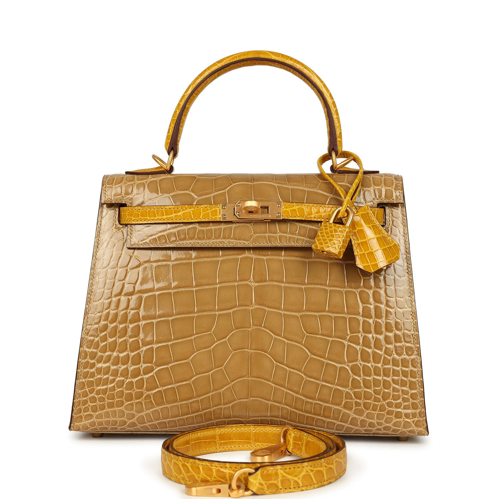 Kelly Sellier 25 Beige Sable and Jaune Ambre Shiny Alligator Mississpiensis Brushed Gold Hardware Bag