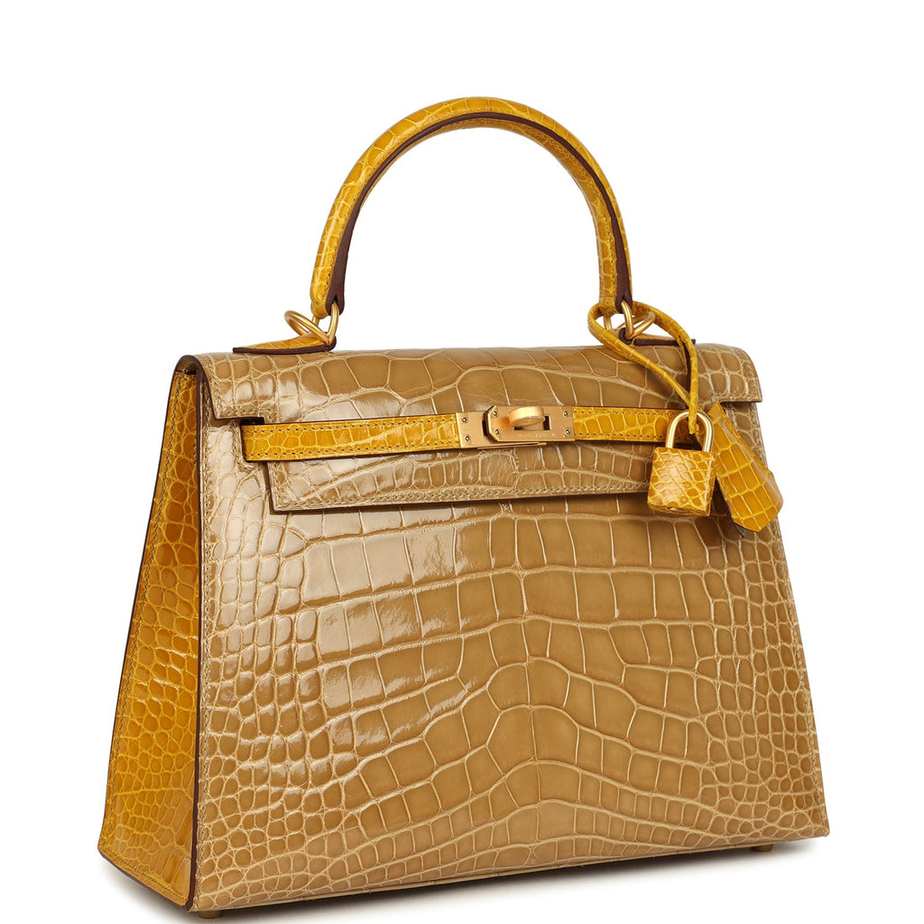 Kelly Sellier 25 Beige Sable and Jaune Ambre Shiny Alligator Mississpiensis Brushed Gold Hardware Bag
