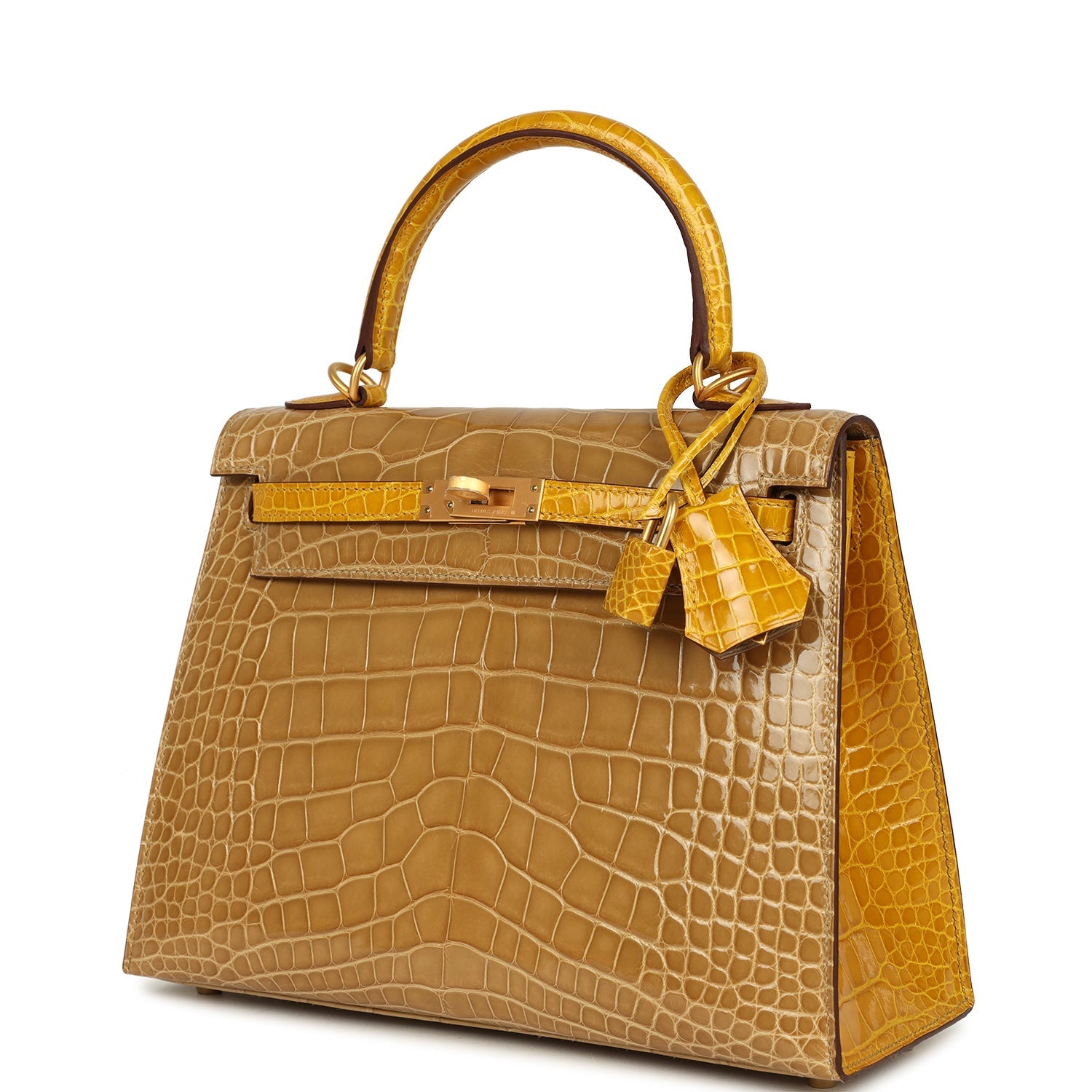 Kelly Sellier 25 Beige Sable and Jaune Ambre Shiny Alligator Mississpiensis Brushed Gold Hardware Bag