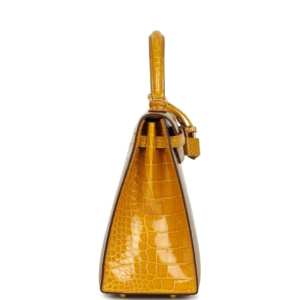 Kelly Sellier 25 Beige Sable and Jaune Ambre Shiny Alligator Mississpiensis Brushed Gold Hardware Bag