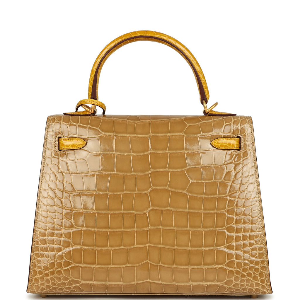 Kelly Sellier 25 Beige Sable and Jaune Ambre Shiny Alligator Mississpiensis Brushed Gold Hardware Bag