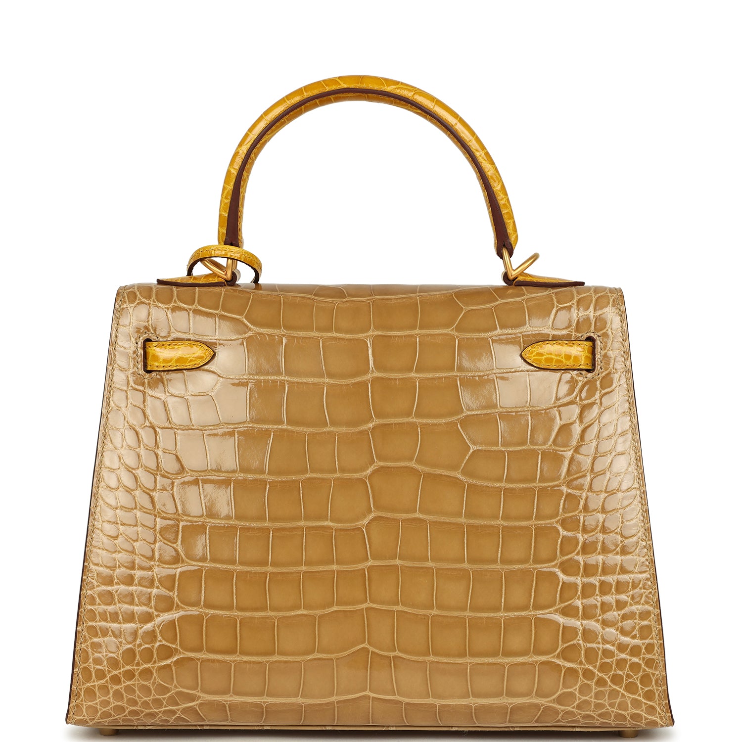 Kelly Sellier 25 Beige Sable and Jaune Ambre Shiny Alligator Mississpiensis Brushed Gold Hardware Bag