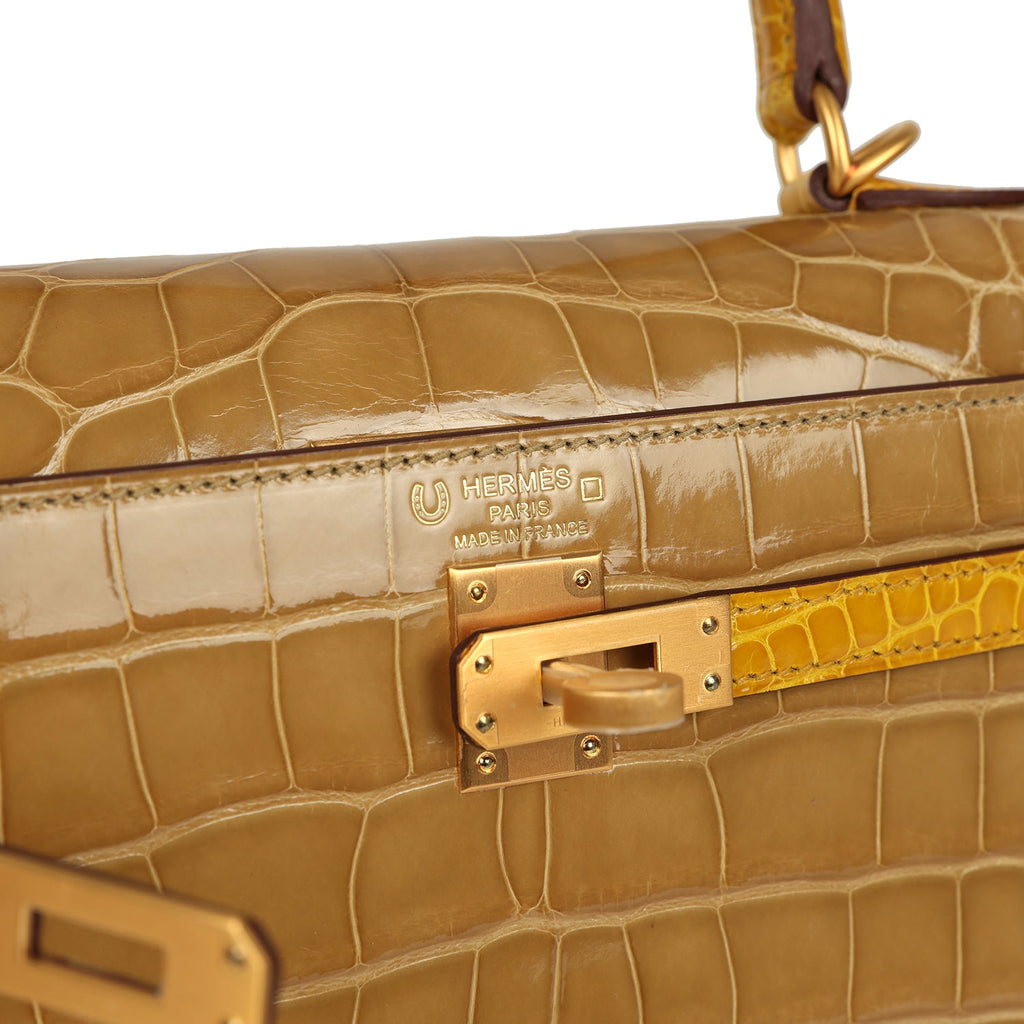 Kelly Sellier 25 Beige Sable and Jaune Ambre Shiny Alligator Mississpiensis Brushed Gold Hardware Bag