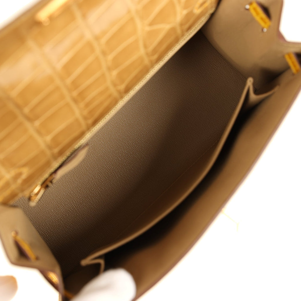 Kelly Sellier 25 Beige Sable and Jaune Ambre Shiny Alligator Mississpiensis Brushed Gold Hardware Bag
