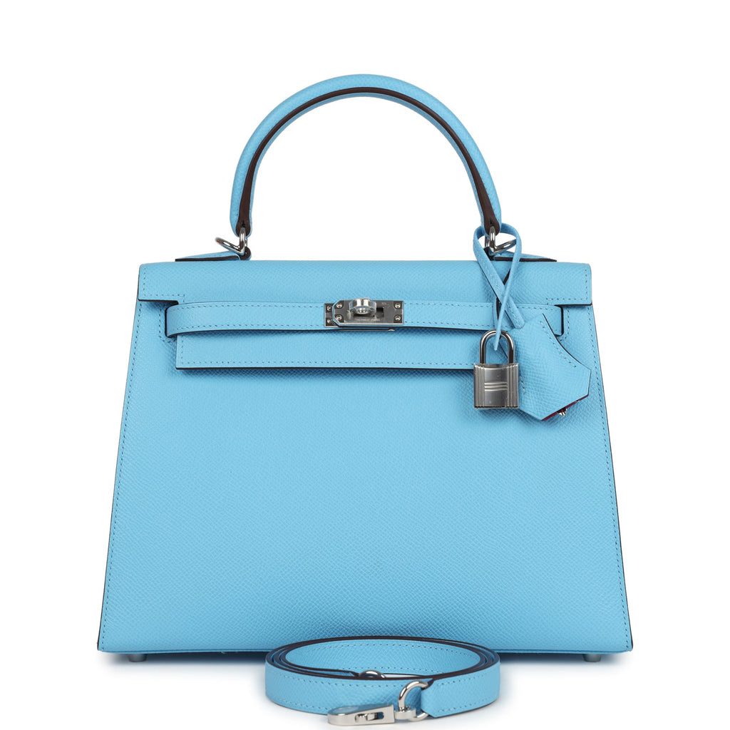 Kelly Sellier 25 Bleu Celeste Verso Epsom Palladium Hardware Bag