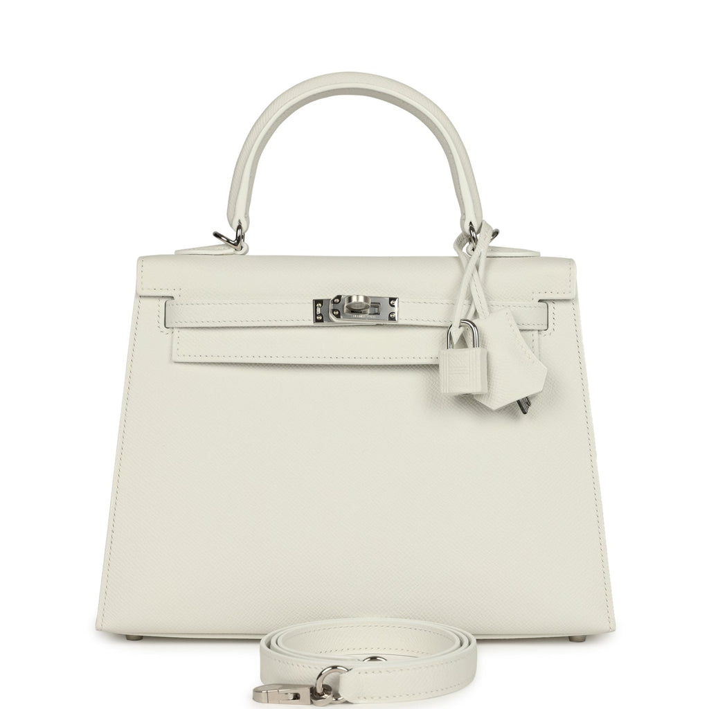 Kelly Sellier 25 New White Epsom Palladium Hardware Bag