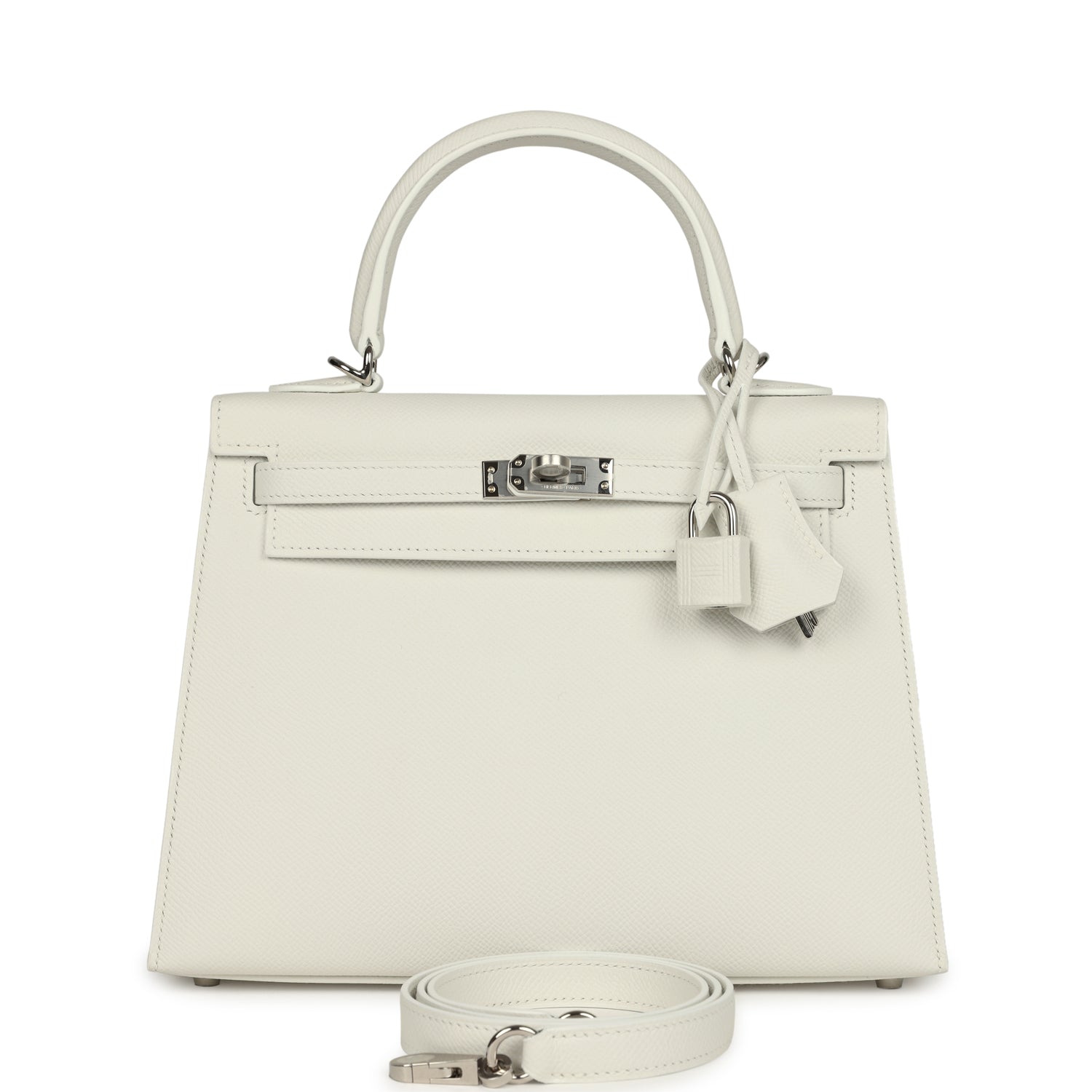 Kelly Sellier 25 New White Epsom Palladium Hardware Bag