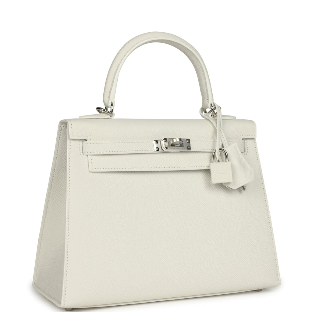 Kelly Sellier 25 New White Epsom Palladium Hardware Bag