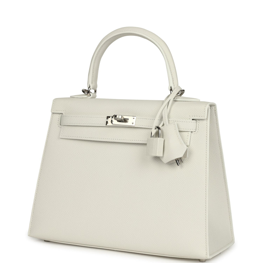 Kelly Sellier 25 New White Epsom Palladium Hardware Bag