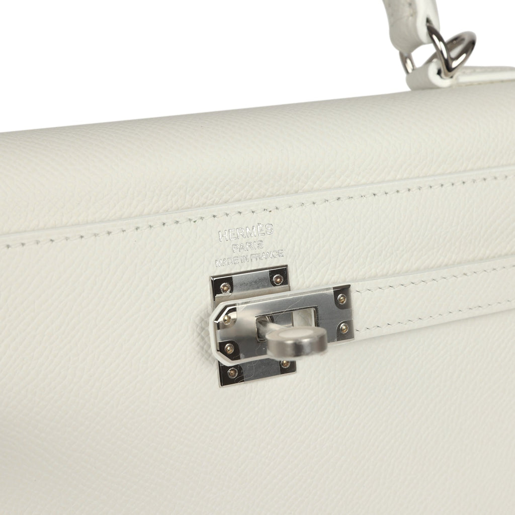 Kelly Sellier 25 New White Epsom Palladium Hardware Bag