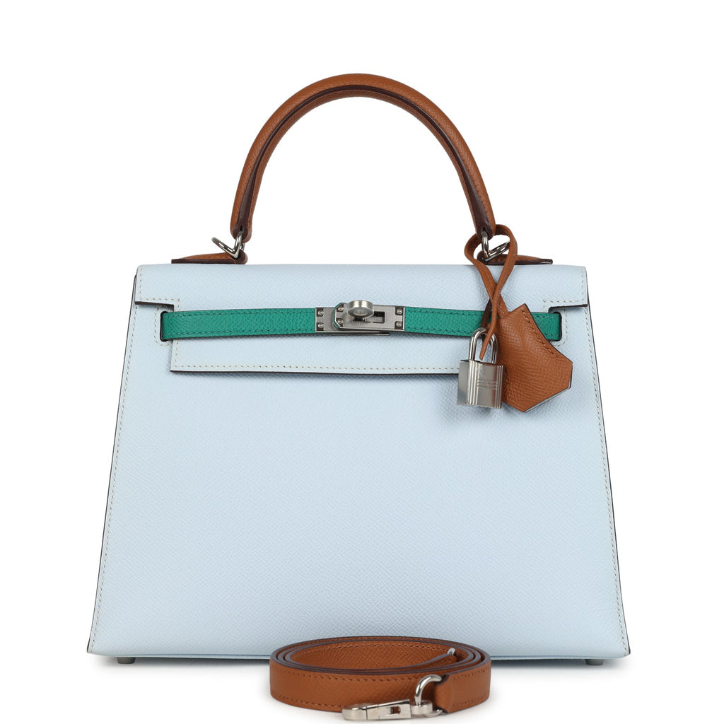 Kelly Sellier 25 Tri-Color Bleu Brume, Gold and Vert Jade Epsom Epsom Palladium Hardware Bag