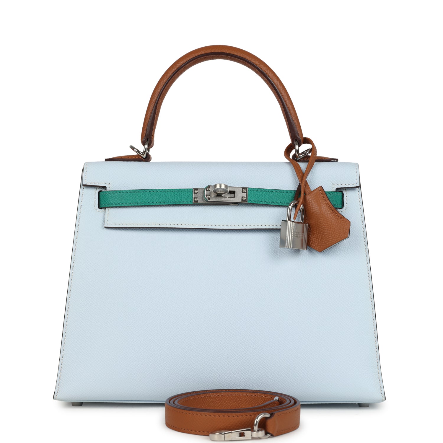 Kelly Sellier 25 Tri-Color Bleu Brume, Gold and Vert Jade Epsom Epsom Palladium Hardware Bag