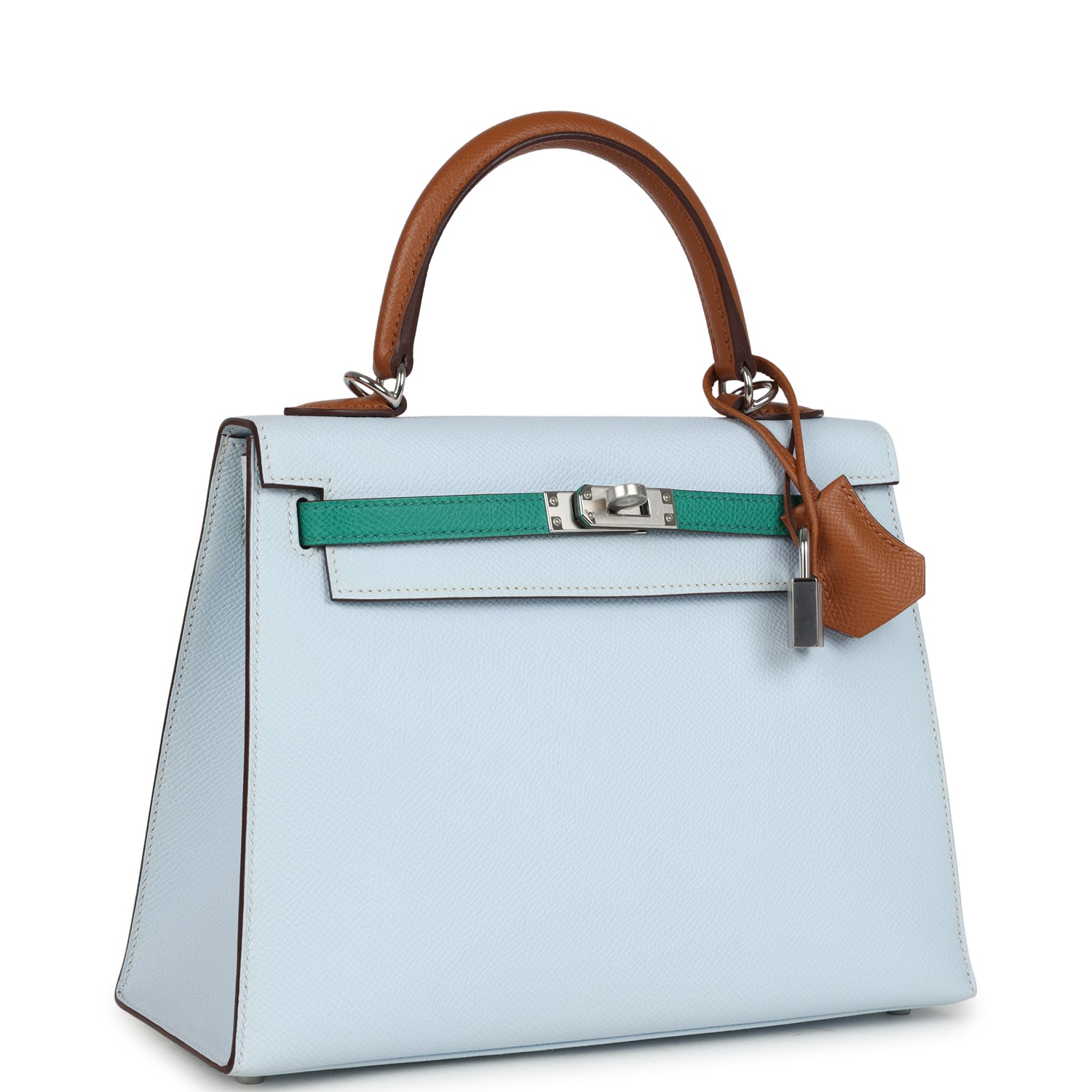 Kelly Sellier 25 Tri-Color Bleu Brume, Gold and Vert Jade Epsom Epsom Palladium Hardware Bag