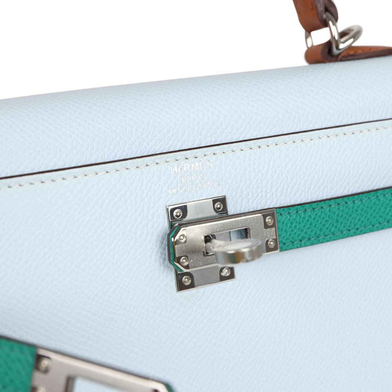 Kelly Sellier 25 Tri-Color Bleu Brume, Gold and Vert Jade Epsom Epsom Palladium Hardware Bag