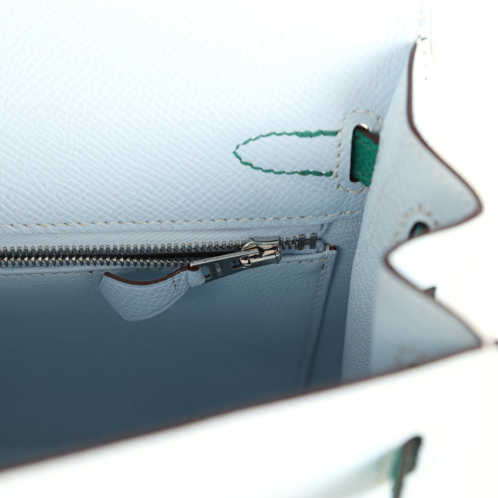 Kelly Sellier 25 Tri-Color Bleu Brume, Gold and Vert Jade Epsom Epsom Palladium Hardware Bag