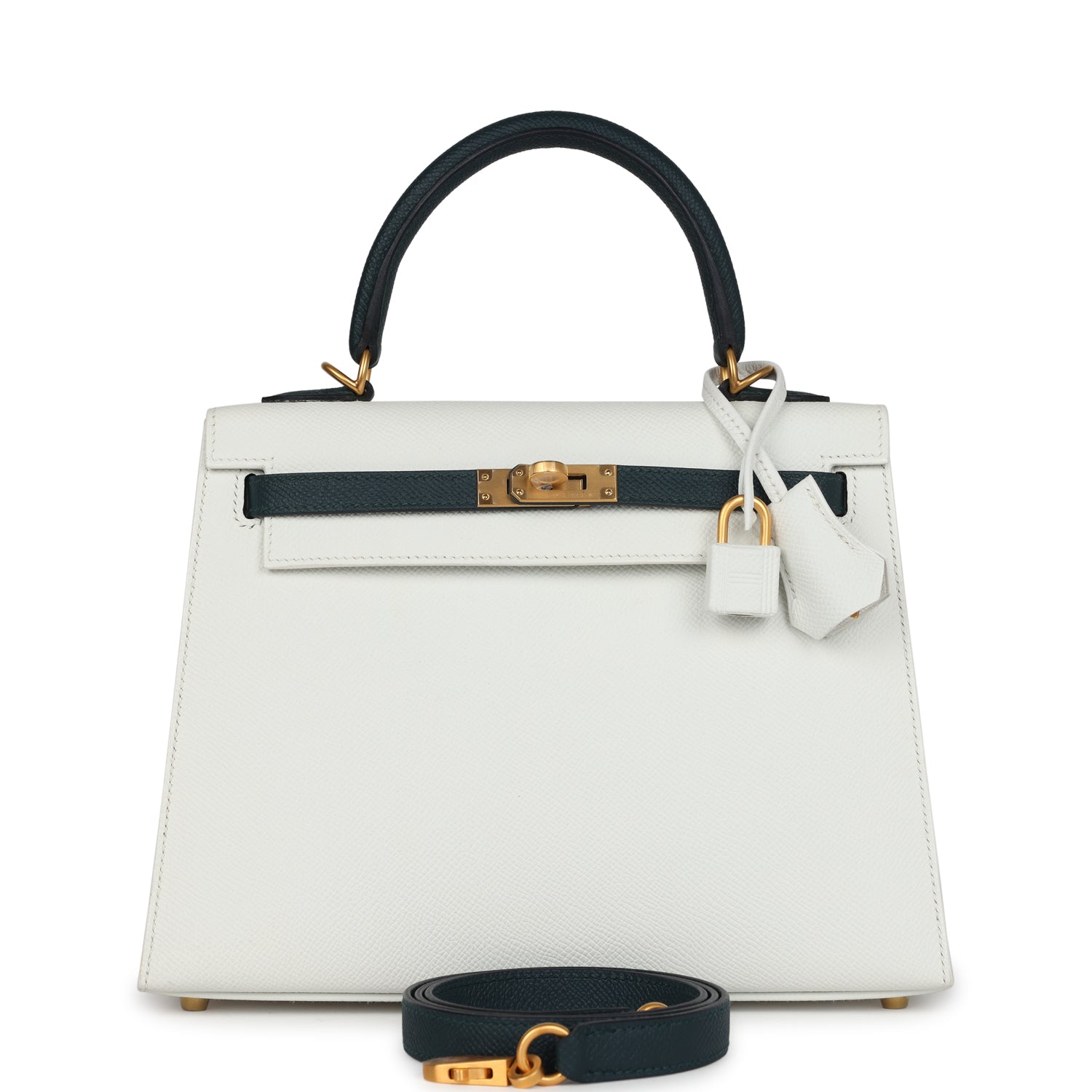 Kelly Sellier 25 White and Vert Cypress Epsom Brushed Gold Hardware Bag