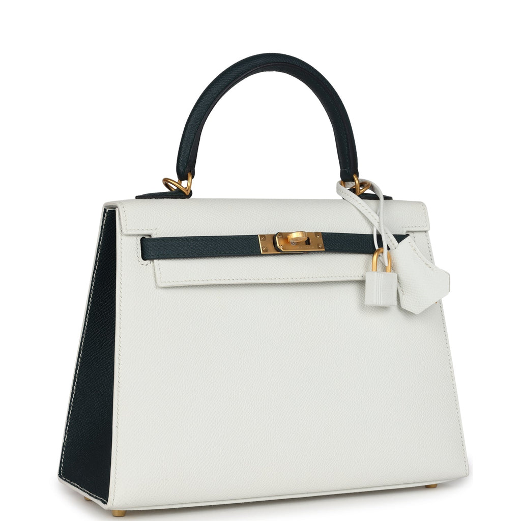 Kelly Sellier 25 White and Vert Cypress Epsom Brushed Gold Hardware Bag
