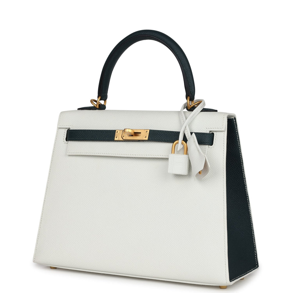 Kelly Sellier 25 White and Vert Cypress Epsom Brushed Gold Hardware Bag