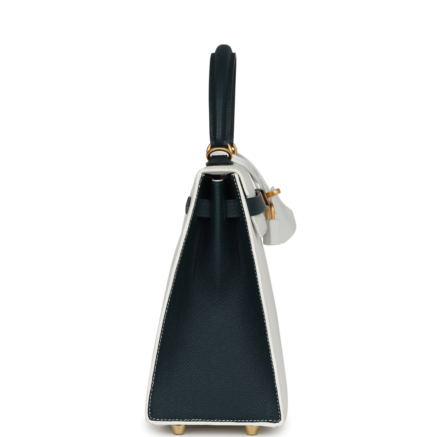 Kelly Sellier 25 White and Vert Cypress Epsom Brushed Gold Hardware Bag