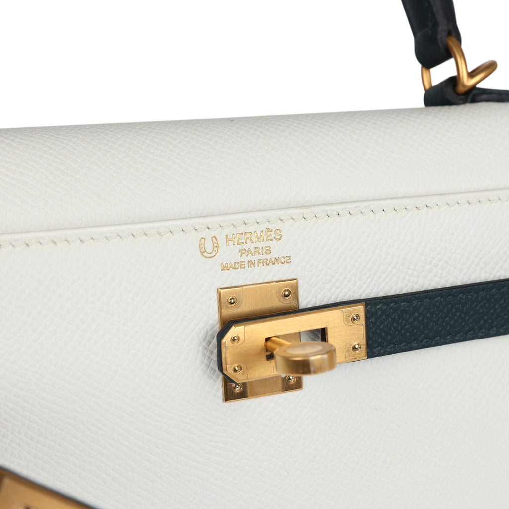 Kelly Sellier 25 White and Vert Cypress Epsom Brushed Gold Hardware Bag