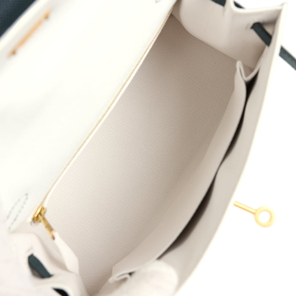 Kelly Sellier 25 White and Vert Cypress Epsom Brushed Gold Hardware Bag