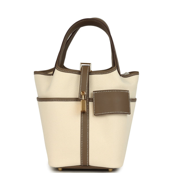 Picotin Cargo 18 Ecru Toile Canvas and Etoupe Swift Gold Hardware Bag