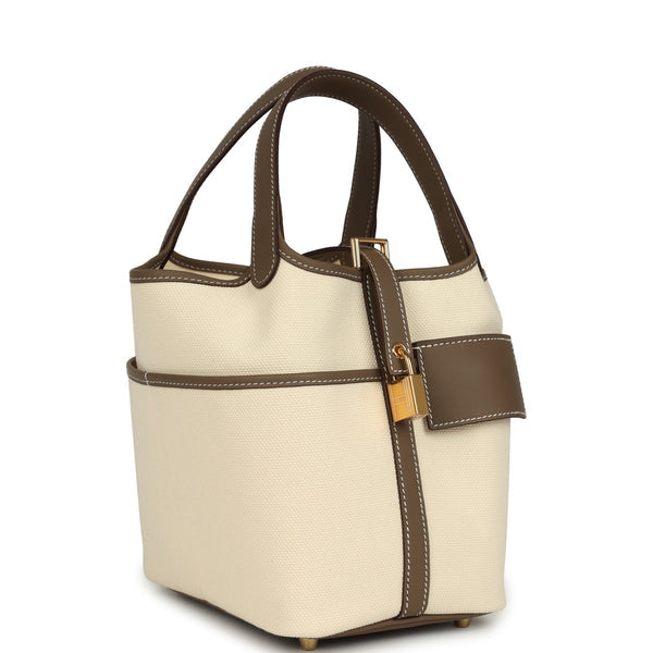 Picotin Cargo 18 Ecru Toile Canvas and Etoupe Swift Gold Hardware Bag