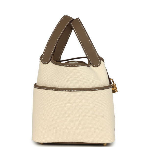 Picotin Cargo 18 Ecru Toile Canvas and Etoupe Swift Gold Hardware Bag